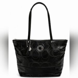 Coach Black Patent Leather Signature Tote Shoulder Bag Large Carryall Purse